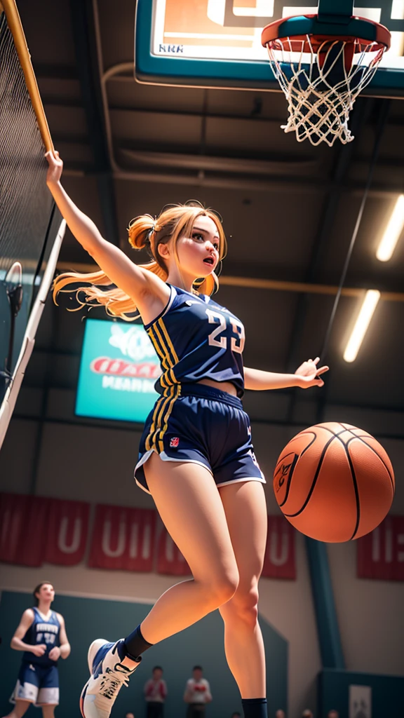 (top-quality, 8K, ?masterpiece:1.3) A portrait of an anime girl performing an impressive slam dunk in a basketball game. She wears a basketball jersey and shorts, with a look of intense concentration. The background includes an indoor basketball court, an audience in the stands, and bright overhead lights. The image should highlight detailed features of her powerful dunk, the vibrant court, and the exciting, high-energy atmosphere.