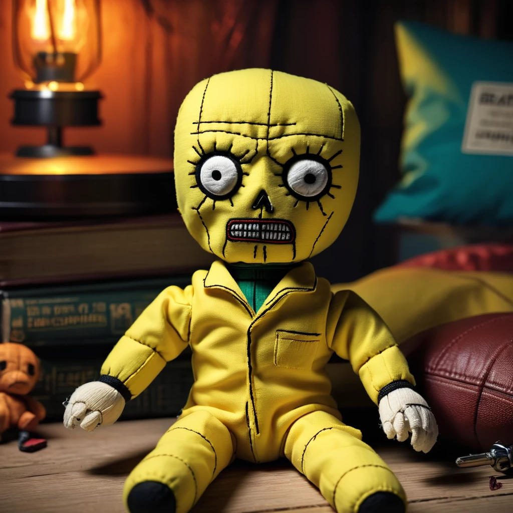 (knitted toy voodoo doll:1.8), (voodoo Walter White from the series "Breaking Bad":1.2), Walter White's clothes, in the background the atmosphere of the series Breaking Bad, best quality, masterpiece, detailed soft oil painting, detailed background, dramatic cinematic lighting, soft edge lighting, professional, dramatic lighting, hard edge lighting, ultra quality, 4k,masterpiece, best quality, 8k, ultra highres, highres, extremely detailed