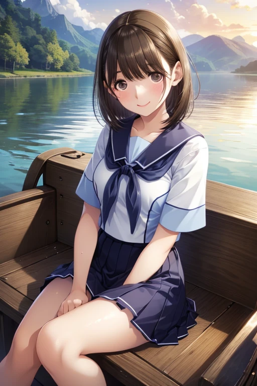 (Highly detailed CG Unity 8k wallpaper), (masterpiece), (Highest quality), (Super detailed), (Best illustrations), (Best Shadow), (Absurd),
anegasaki nene、Shiny brown hair, short hair, Beautiful brown eyes、smile、Sparkling eyes, (Fine grain)、Super detailedな目、Highly detailed face, Highly detailed eyes,
Short-sleeved sailor suit、Navy blue mini pleated skirt、Very short mini skirt、Bare thighs、
((Sitting in a small boat、river、lake))、sunset、evening, Sweat, vapor, Mid-chest, View your viewers, 軽いsmile,