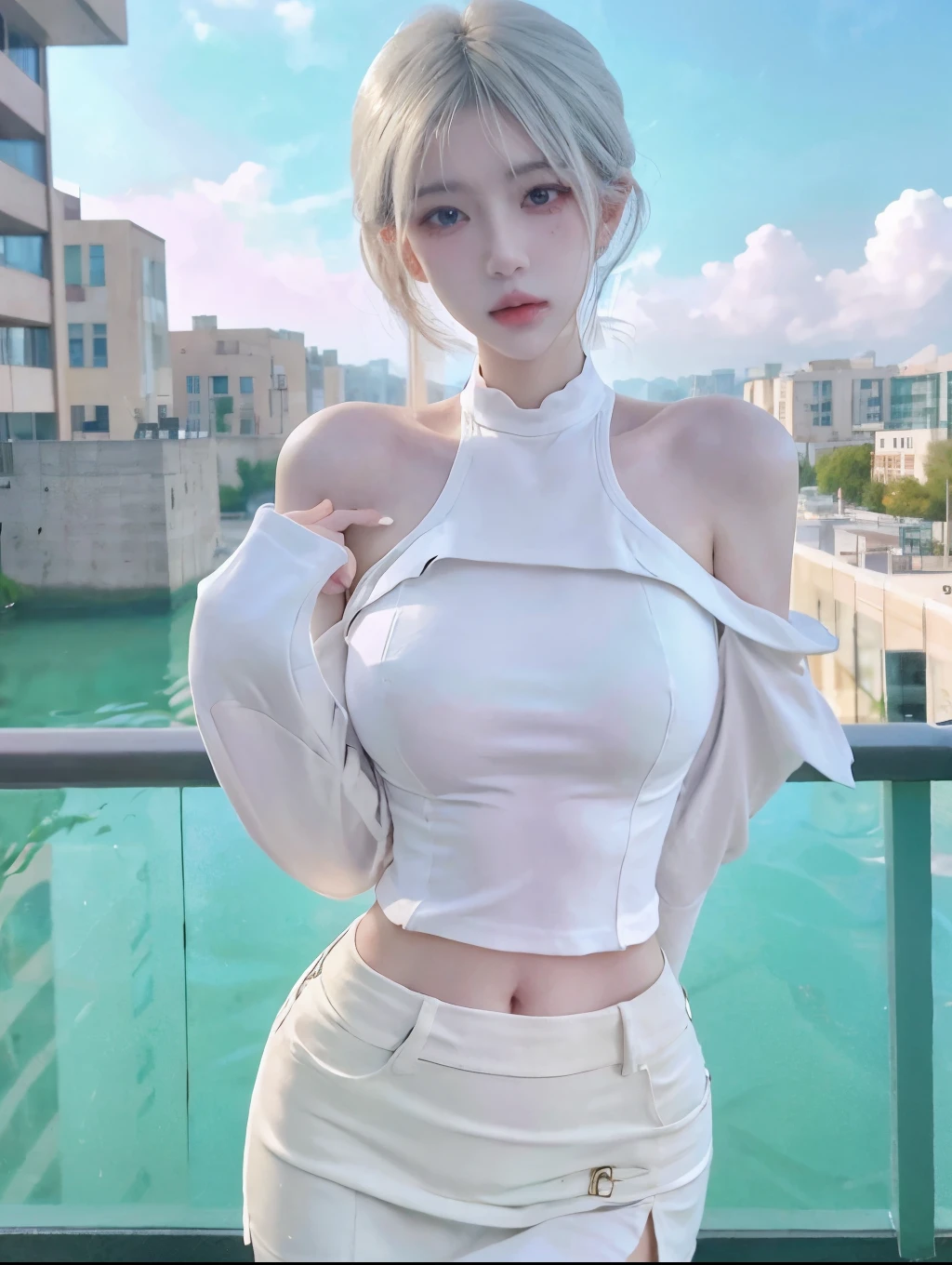 Beautiful woman with perfect figure:1.4,Layered hairstyle,White skin,Prominent cleavage,Bikini:1.5,Super short pleated skirt,whole body,Very delicate facial and skin texture,Double eyelids,Skin Whitening,Long white hair