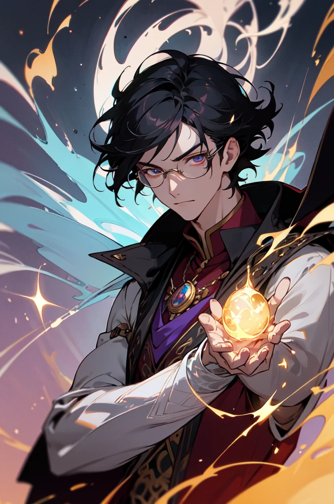 masterpiece, best quality, 1 male, young, tall muscular, handsome, finely detailed eyes, intricate details, black hair, short hair, evil face, solo, upper body, detailed background, detailed face, good sorcerer, color magical robes, determined expression, white color scheme, dark crimson light, glowing magical runes, realistic lighting, floating particles, sparks, surrounded by gold lightning red arcane symbols, corrupted by eldritch power, bloom, glasses
