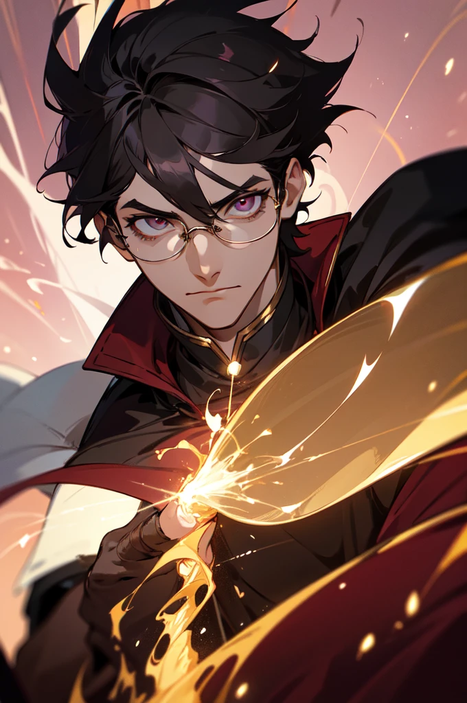 masterpiece, best quality, 1 male, young, tall muscular, handsome, finely detailed eyes, intricate details, black hair, short hair, evil face, solo, upper body, detailed background, detailed face, good sorcerer, color magical robes, determined expression, white color scheme, dark crimson light, glowing magical runes, realistic lighting, floating particles, sparks, surrounded by gold lightning red arcane symbols, corrupted by eldritch power, bloom, glasses