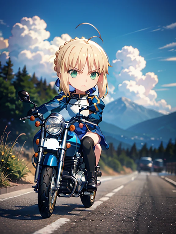 Riding a motorcycle、phAltoria, phSaber, (chibi), full body, (masterpiece), highest quality