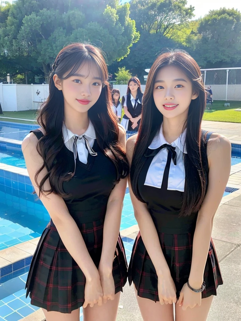 (Two super cute Korean high school girls take a photo together 1.2)(To laugh out loud:1.2)(Beautiful Sweat:1.1)(16k, RAW Photos, Highest quality, masterpiece: 1.2),(Mr.々Beautiful blonde with a stylish hairstyle:1.2) Super detailed, Super Resolution, (Genuine, Genuine photos: 1.37), Portraiture, High-resolution RAW color photos, Professional photos, Very detailed, 8k wallpaper, Very detailed CG Unity 8k wallpaper, Very detailed beautiful girls, Very detailed faces, ((whole body)), beautiful woman, Huge breasts,(huge boobs:1.1) (Big Boobs:1.1), Beauty college student (A tight, girly sleeveless  with ribbons),high school girl, Korean Girls,(K-POP Female Idols), (Idol-class beauty)(Beautiful high school girl:1.1)(School swimming pool)(18-year-old)(Stylish school uniform-style outfit for summer:1.1)(Group photo:1.2)(Splash:1.1)