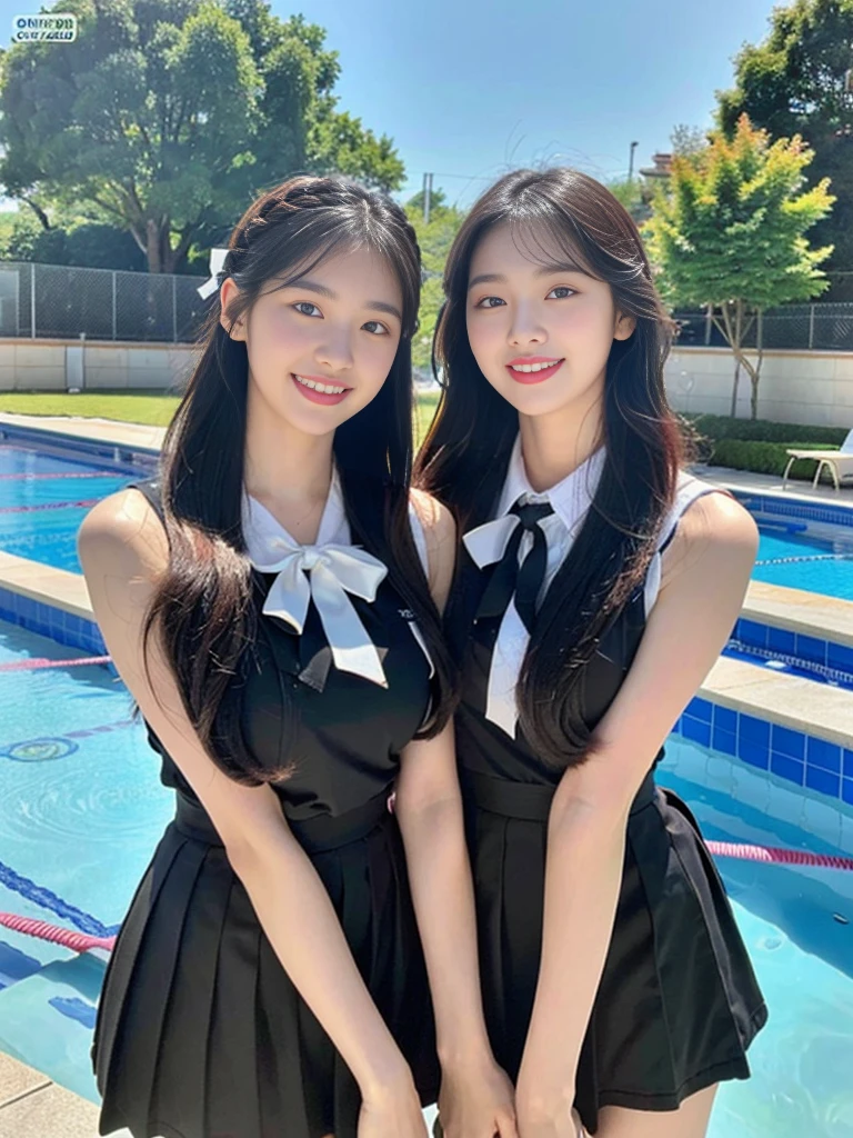 (Two super cute Korean high school girls take a photo together 1.2)(To laugh out loud:1.2)(Beautiful Sweat:1.1)(16k, RAW Photos, Highest quality, masterpiece: 1.2),(Mr.々Beautiful blonde with a stylish hairstyle:1.2) Super detailed, Super Resolution, (Genuine, Genuine photos: 1.37), Portraiture, High-resolution RAW color photos, Professional photos, Very detailed, 8k wallpaper, Very detailed CG Unity 8k wallpaper, Very detailed beautiful girls, Very detailed faces, ((whole body)), beautiful woman, Huge breasts,(huge boobs:1.1) (Big Boobs:1.1), Beauty college student (A tight, girly sleeveless  with ribbons),high school girl, Korean Girls,(K-POP Female Idols), (Idol-class beauty)(Beautiful high school girl:1.1)(School swimming pool)(18-year-old)(Stylish school uniform-style outfit for summer:1.1)(Group photo:1.2)(Splash:1.1)