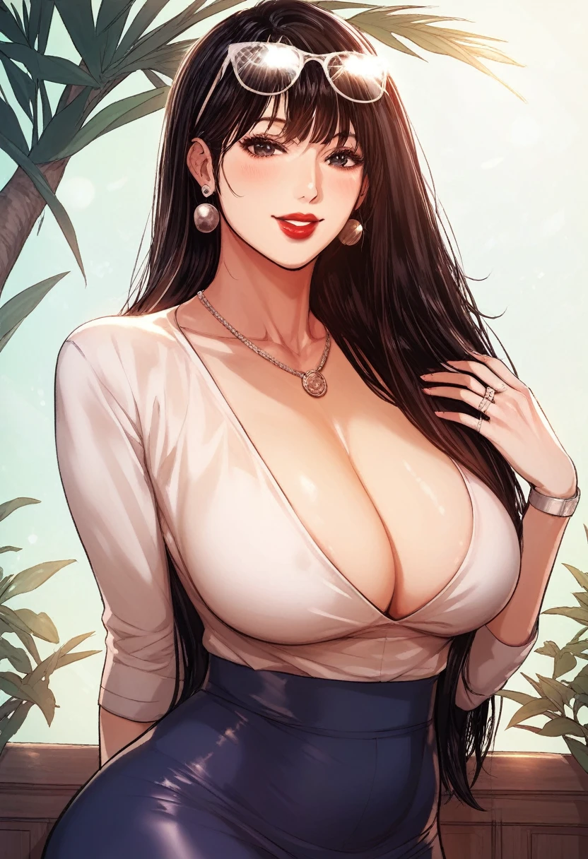 Hot sexy beautiful milf mom holding her breasts , cleavage,saggy shirt, stocking,skirt,slender body, detailed lips rings ,black blunt hair,black eyes,white sun glasses on head, detailed ear, cuff earrings , alluring face, smiling, necklace , red lipstick big ass,