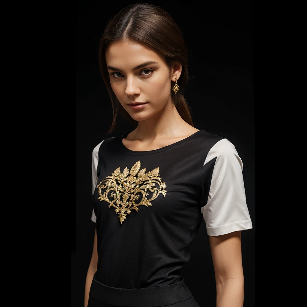 Your task is to generate a design concept for a European-style fashion t-shirt. Imagine a high-end t-shirt that combines classic European aesthetics with modern trends. Consider elements like luxurious fabrics, subtle embellishments, and a sleek silhouette that exudes sophistication.