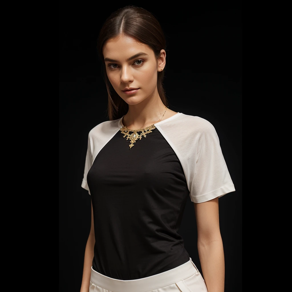 Your task is to generate a design concept for a European-style fashion t-shirt. Imagine a high-end t-shirt that combines classic European aesthetics with modern trends. Consider elements like luxurious fabrics, subtle embellishments, and a sleek silhouette that exudes sophistication.