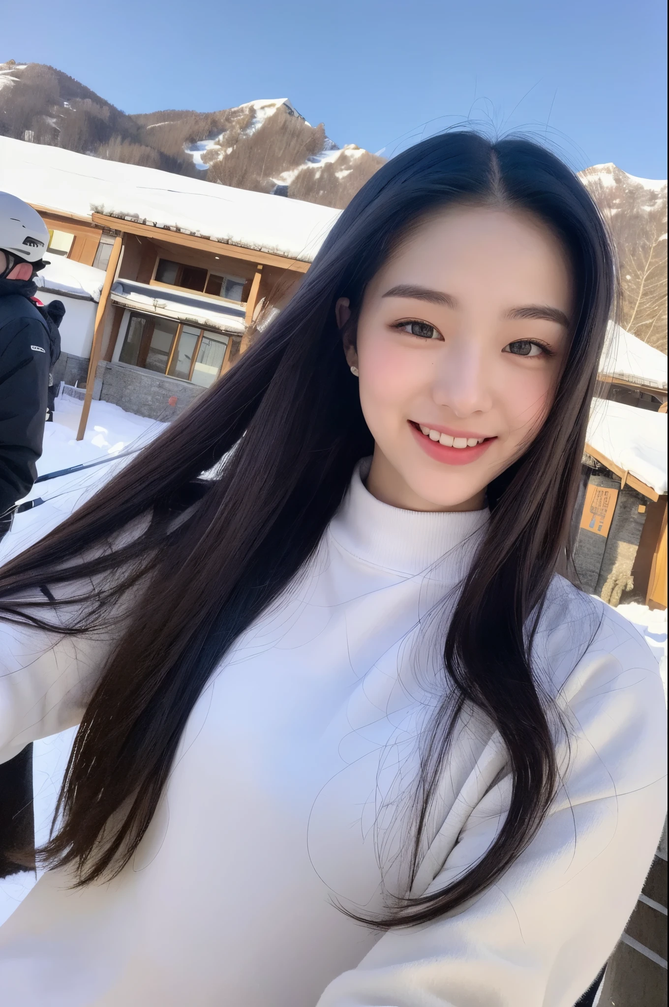 22-year-old girl, with gray eyes, pale white skin, slim figure, smiling, black hair, fashionable, photo taken with an ultra-realistic professional camera, she is on a ski mountain
