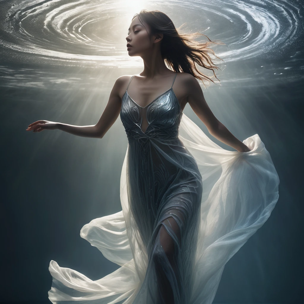 A woman, appearing as if sculpted from flowing water, stands tall in gleaming military underweare The translucent liquid cascades over her form, creating a mesmerizing play of light and shadow. She is surrounded by a misty, ethereal atmosphere, with the soft glow of moonlight reflecting off her watery surface. The intricate details of her body catch the light, casting shimmering patterns across the serene landscape. The perspective shifts, revealing the delicate balance between strength and fluidity in her otherworldly presence.