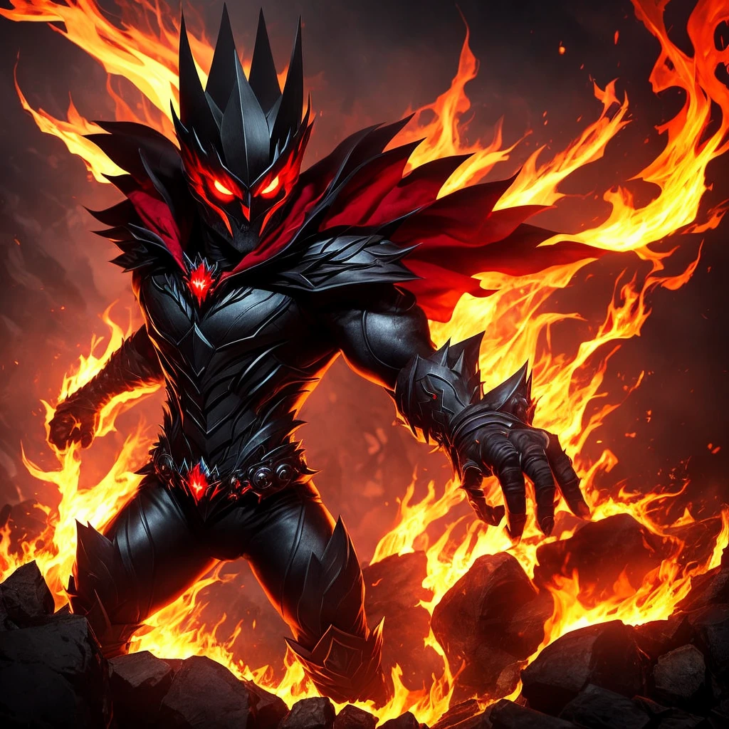 The character has a dark, ominous appearance with a black body and fiery red accents. The head features glowing red eyes and a sinister smile. The character wears a red crown with spiked extensions and has a red cape draped over its shoulders. The body and limbs have red and black textures that give off a fiery, molten look, further enhancing its menacing presence. The overall design suggests a theme of darkness and fire, possibly indicating a villainous or powerful role within the game.