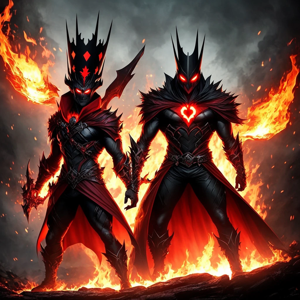 The character has a dark, ominous appearance with a black body and fiery red accents. The head features glowing red eyes and a sinister smile. The character wears a red crown with spiked extensions and has a red cape draped over its shoulders. The body and limbs have red and black textures that give off a fiery, molten look, further enhancing its menacing presence. The overall design suggests a theme of darkness and fire, possibly indicating a villainous or powerful role within the game.