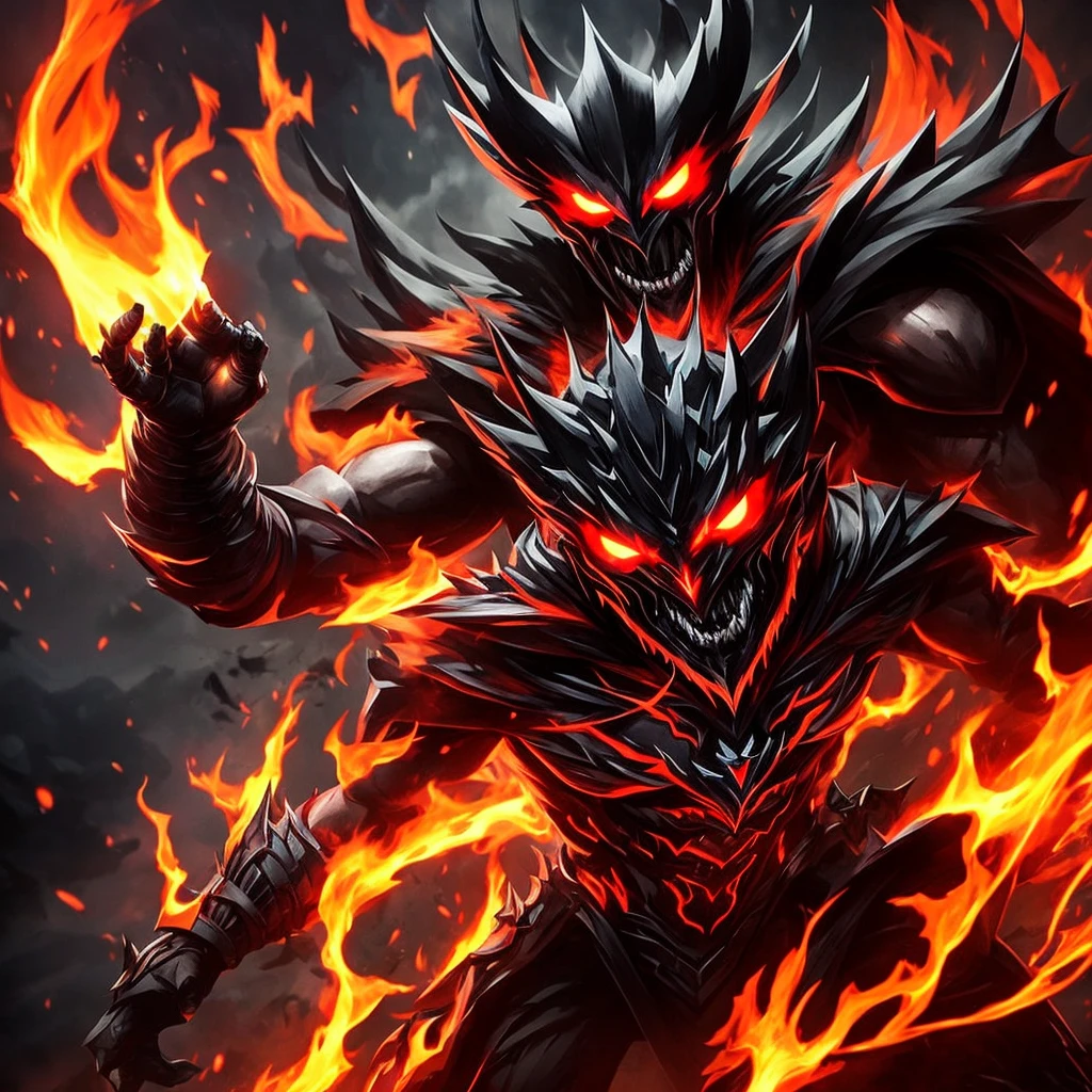 The character has a dark, ominous appearance with a black body and fiery red accents. The head features glowing red eyes and a sinister smile. The character wears a red crown with spiked extensions and has a red cape draped over its shoulders. The body and limbs have red and black textures that give off a fiery, molten look, further enhancing its menacing presence. The overall design suggests a theme of darkness and fire, possibly indicating a villainous or powerful role within the game.