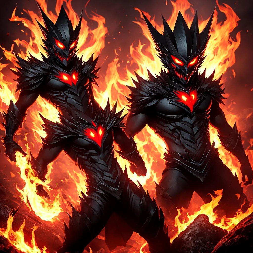 The character has a dark, ominous appearance with a black body and fiery red accents. The head features glowing red eyes and a sinister smile. The character wears a red crown with spiked extensions and has a red cape draped over its shoulders. The body and limbs have red and black textures that give off a fiery, molten look, further enhancing its menacing presence. The overall design suggests a theme of darkness and fire, possibly indicating a villainous or powerful role within the game.