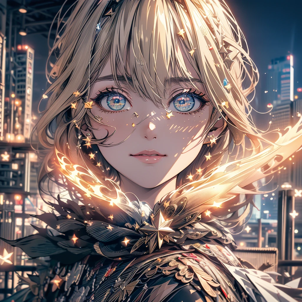 (Highly detailed CG Unity 8k wallpaper.),(Masterpiece), (Highest quality), (Awesome details), (best illustrations),(best shadow), Cowboy Shot, (sharp eyeliner, eyelid, Fine grain:1), Background of the city, ,Take a break , (Star School 15:1.2), hair accessories,