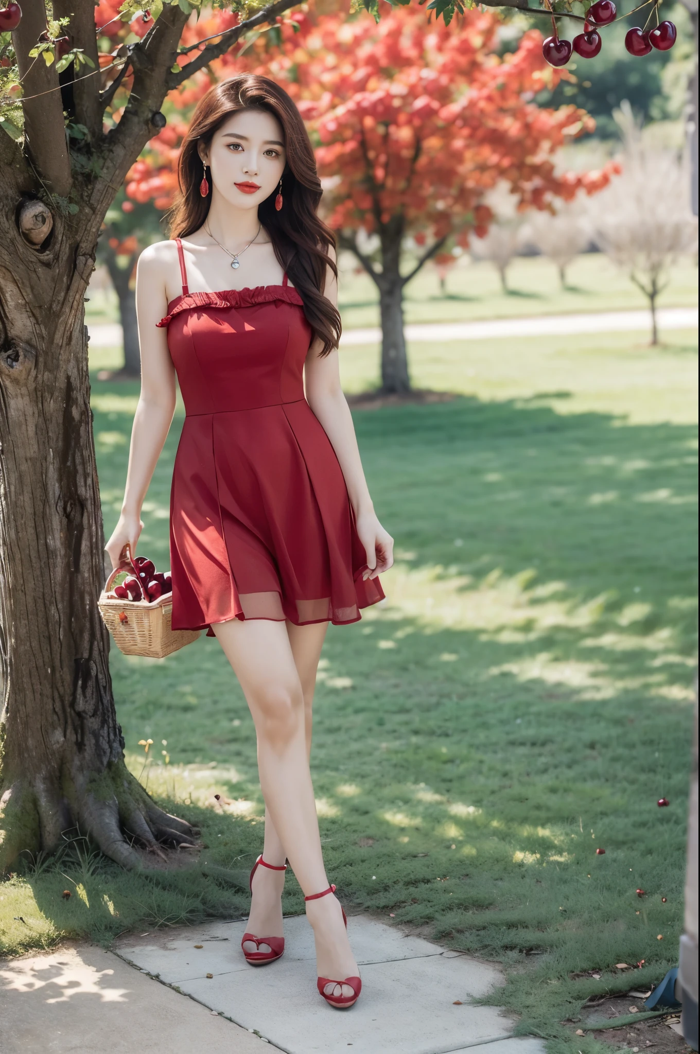(((best quality))),(((ultra detailed))),(((masterpiece))),illustration,1 beautiful girl,solo,earrings,necklace,medium straight hair,slim,flat chest,red dress,summer,(cherry orchard full of red cherries:1.3),sunlight,dappled light,fair skin,smile,(ripest cherries on the trees:1.3),red lips,peaceful,summer breeze,hair fluttering,setting sun,radiant hue,beauty grace,basket,full body,slender legs,pantyhose,high heels