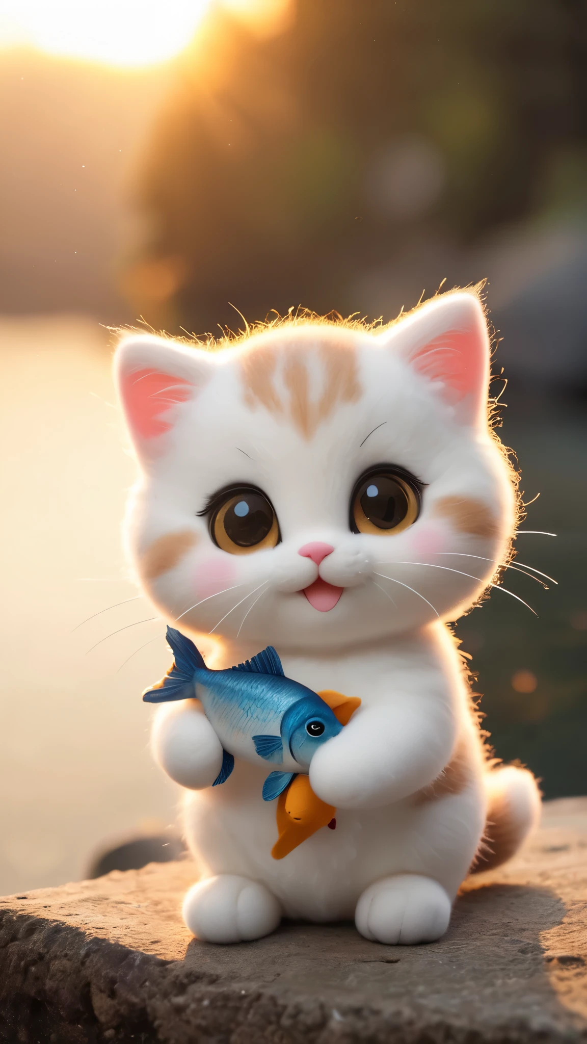a small, simple, cuddly felt fat kitten holding a fish in its tiny hands, gazing directly into the camera with a joyful smile. The scene is so sweet that it melts even the toughest hearts. Describe the loving atmosphere created by the combination of felt, smiles, and hearts diring a beautiful sunrise