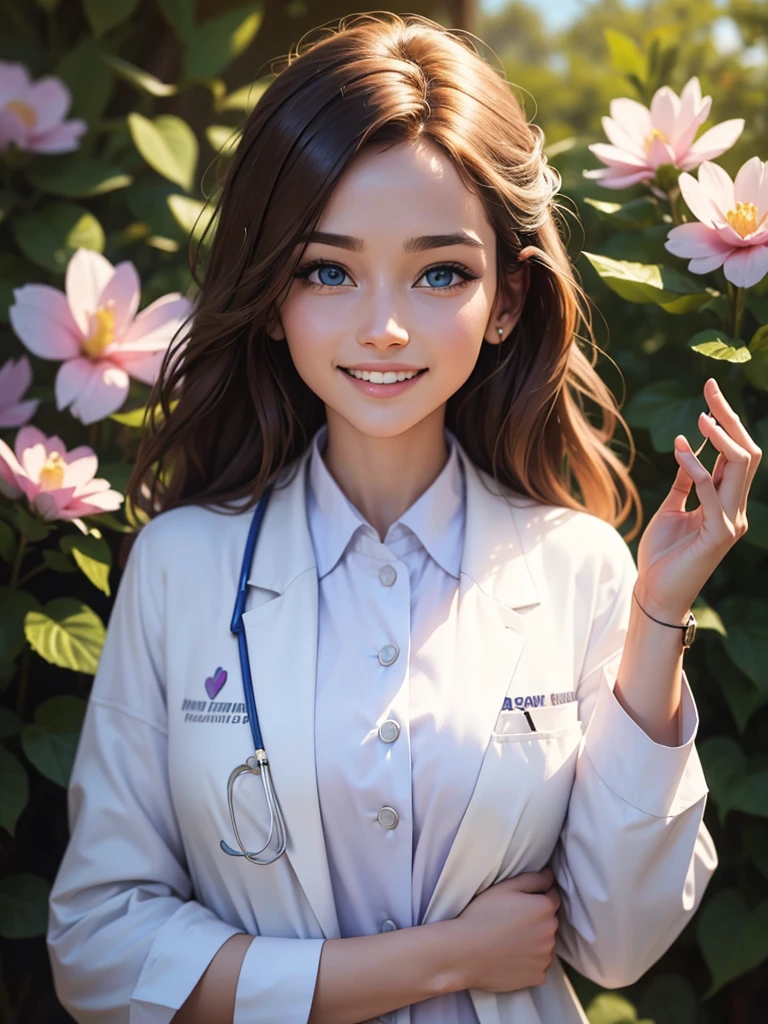 beautiful humanization of medicine, noble young smiling woman in a white medical coat, brown hair, huge light blue eyes full of kindness and happiness, blooming flowers, colors of shadows and light, color scheme, expressive careful detailed drawing, super detailed, delicate natural shades, shine, natural surroundings, beauty, good angle, double exposure, depth, sharpness, captivating haze