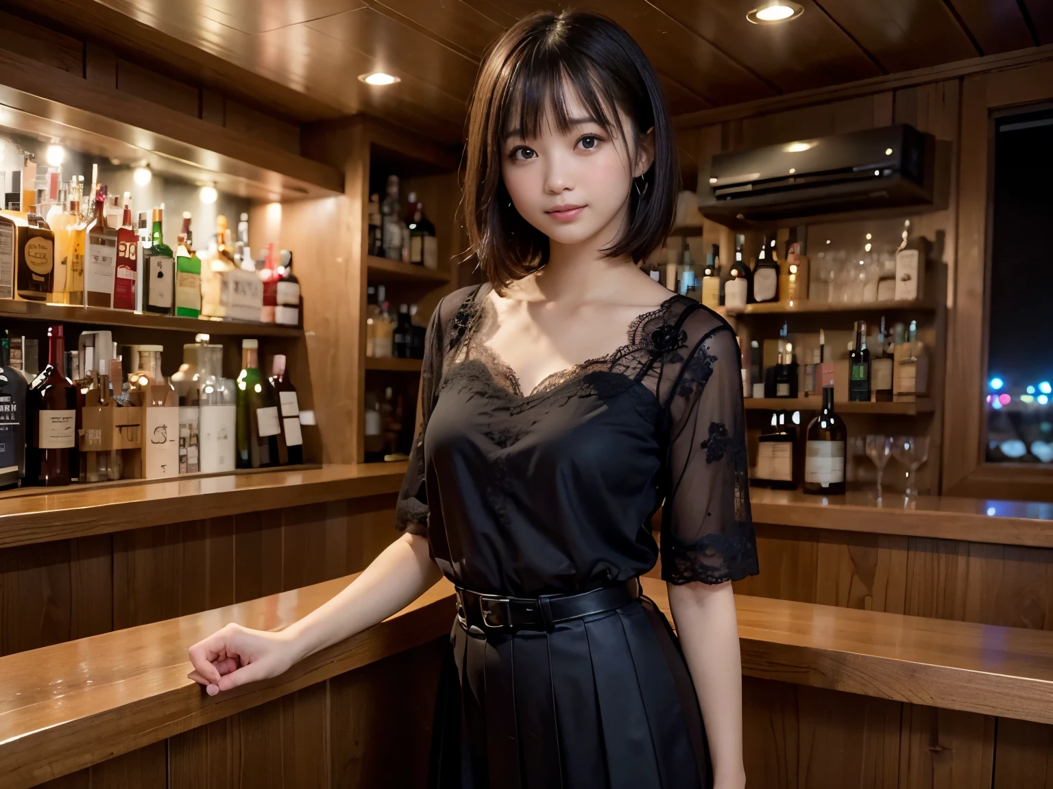 (Highest quality, masterpiece, Ultra-high resolution, 8k, RAW Photos, Realistic, Anatomically correct:1.5), (Stainless steel round bar fence:1.0, Put your elbow on the fence:1.2, high school girl、20-year-old girl:1.2, Embarrassing, avert your eyes, blush:1.0, View Viewer, ((bar)) 、Night view、 Light:1.2, Bokeh, Cinema Lighting:1.0, Depth of written boundary, sharp、 Cute face、Idol、Black short sleeve lace top、Black pleated skirt、Black clothing、”dwarf”、(Floral clothes)、Full Body Shot、Cowboy Shot、 smile、(Ultra short hair、Berry Short)、(Straight bangs)、((See-through))、
