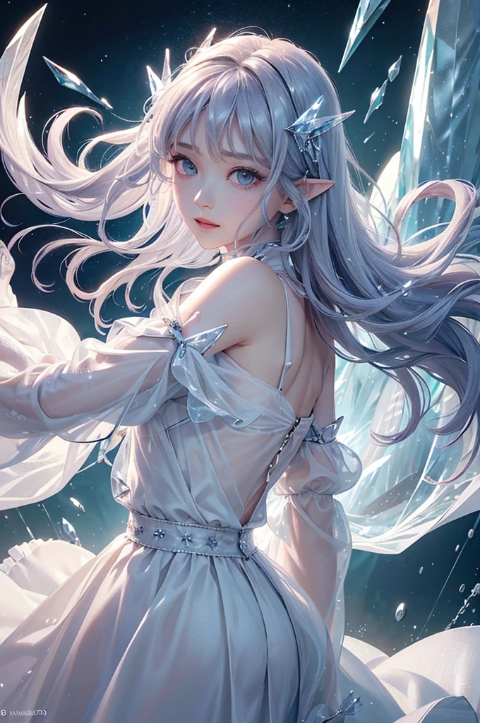 (masterpiece、Highest品質、Highest、Official Art、Beautiful and aesthetic、Long Exposure:1.2)、Smooth movement、Attractive patterns、One Girl、(Long dress with sleeves:1.3)、(((White clothes)))、Upper body close-up、Exposing shoulders、Korean Girls、smile、Light purple long hair、Portraiture、solo、Upper body、Looking at the observer、Detailed Background、Detailed face、(Crystallized AI、Crystal Theme:1.1)、Elemental Wind Elf、回転Wind、 Wind、White crystal clothes、Off the shoulder、Dynamic pose、Suspended particles、Aether Dynamics、旋Wind、vapor、背景に旋Wind、White Tone、旋Wind、Ethereal atmosphere、
