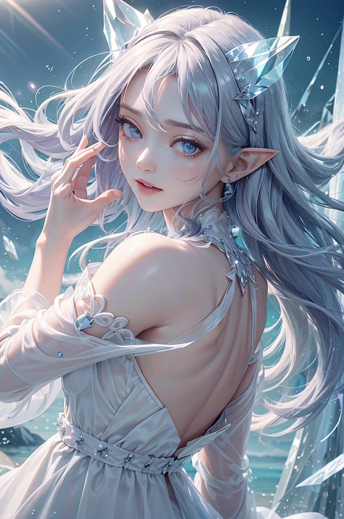 (masterpiece、Highest品質、Highest、Official Art、Beautiful and aesthetic、Long Exposure:1.2)、Smooth movement、Attractive patterns、One Girl、(Long dress with sleeves:1.3)、(((White clothes)))、Upper body close-up、Exposing shoulders、Korean Girls、smile、Light purple long hair、Portraiture、solo、Upper body、Looking at the observer、Detailed Background、Detailed face、(Crystallized AI、Crystal Theme:1.1)、Elemental Wind Elf、回転Wind、 Wind、White crystal clothes、Off the shoulder、Dynamic pose、Suspended particles、Aether Dynamics、旋Wind、vapor、背景に旋Wind、White Tone、旋Wind、Ethereal atmosphere、