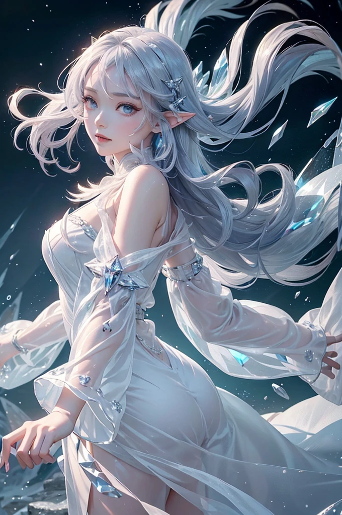 (masterpiece、Highest品質、Highest、Official Art、Beautiful and aesthetic、Long Exposure:1.2)、Smooth movement、Attractive patterns、One Girl、(Long dress with sleeves:1.3)、(((White clothes)))、Upper body close-up、Exposing shoulders、Korean Girls、smile、Light purple long hair、Portraiture、solo、Upper body、Looking at the observer、Detailed Background、Detailed face、(Crystallized AI、Crystal Theme:1.1)、Elemental Wind Elf、回転Wind、 Wind、White crystal clothes、Off the shoulder、Dynamic pose、Suspended particles、Aether Dynamics、旋Wind、vapor、背景に旋Wind、White Tone、旋Wind、Ethereal atmosphere、