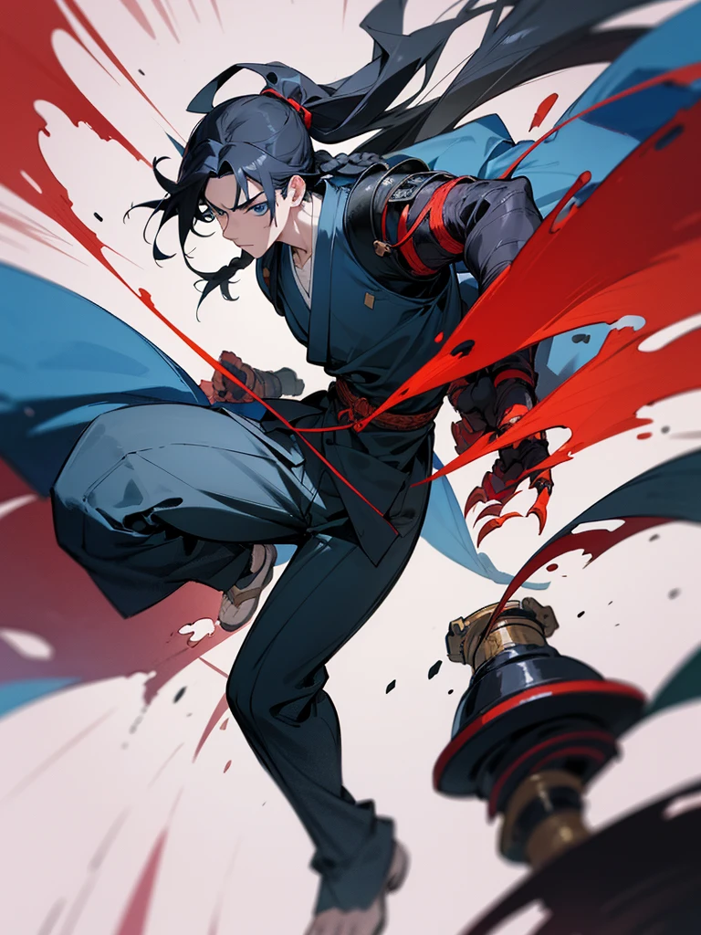 Anime art: runs at a speed of 50 meters per second: Anime character: young swordsman: guy with smooth pale skin, long black hair braided in a ponytail, Blue eyes. dressed in a large black baggy kimono with blue armor. his one left hand is mutated red and distorted, the arm consists of red muscle fibers. deformed and very muscular. metal claws on left hand. Sketch caricature comics. Realistic detailed style high detail, Drawing. watercolor, color