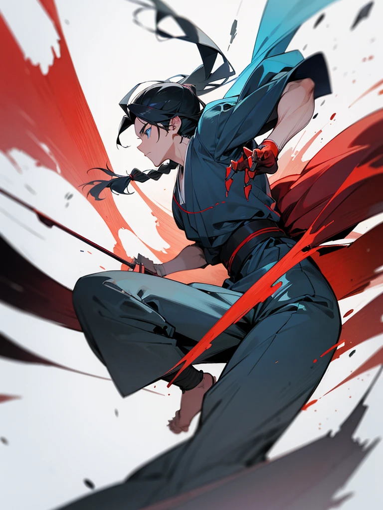 Anime art: runs at a speed of 50 meters per second: Anime character: young swordsman: guy with smooth pale skin, long black hair braided in a ponytail, Blue eyes. dressed in a large black baggy kimono with blue armor. his one left hand is mutated red and distorted, the arm consists of red muscle fibers. deformed and very muscular. metal claws on left hand. Sketch caricature comics. Realistic detailed style high detail, Drawing. watercolor, color