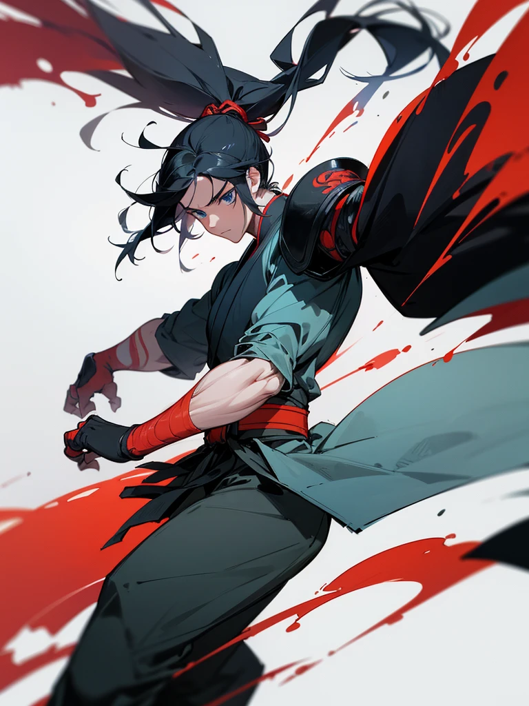 Anime art: runs at a speed of 50 meters per second: Anime character: young swordsman: guy with smooth pale skin, long black hair braided in a ponytail, Blue eyes. dressed in a large black baggy kimono with blue armor. his one left hand is mutated red and distorted, the arm consists of red muscle fibers. deformed and very muscular. metal claws on left hand. Sketch caricature comics. Realistic detailed style high detail, Drawing. watercolor, color