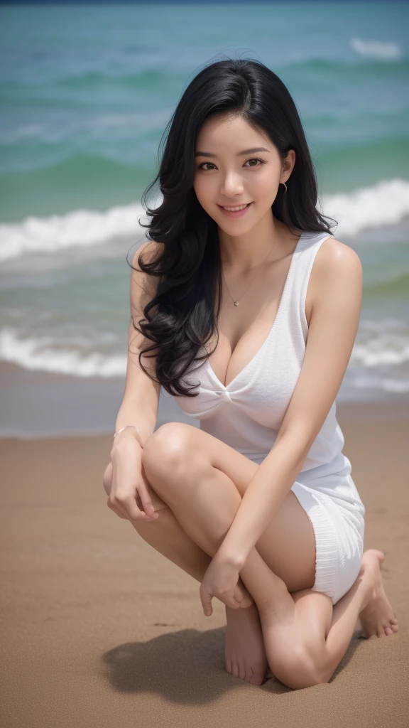 (32k), 16k, 8k, 8k RAW Photos , (Highest quality, detailed:1.2), Ultra-high resolution, 30 years old , (非常に繊細でdetailed), (非常に複雑なdetailed), masterpiece, Highest quality, (Shiny skin),  Clear lines, Mysterious woman, Curly Hair, soft, Perfect body, Big Breasts, Cute Smile, ((Black Hair)), Bambi Face, V-neck shirt, (leaning forward:1.3), (hands on knees:1.3), Waikiki Beach, Cardigan, Tank top, 