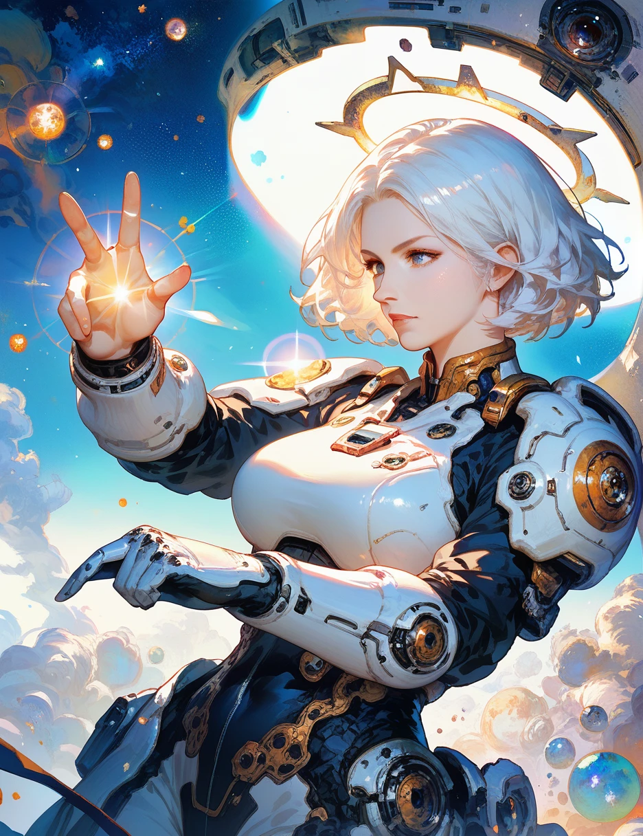 score_9, score_8_up, score_7_up,((1girl)),starry_background,intense shadows,lens_flare, day,white_background,fighting_stance,agent,glamor,white hair,halo,byzantine_fashion,mature,short hair,space_suit, monkren