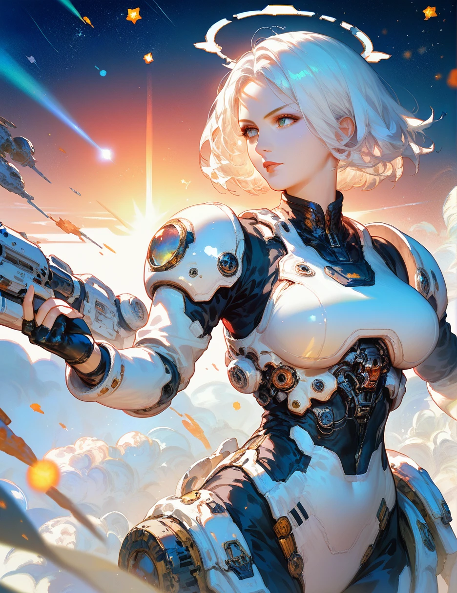 score_9, score_8_up, score_7_up,((1girl)),starry_background,intense shadows,lens_flare, day,white_background,fighting_stance,agent,glamor,white hair,halo,byzantine_fashion,mature,short hair,space_suit, monkren