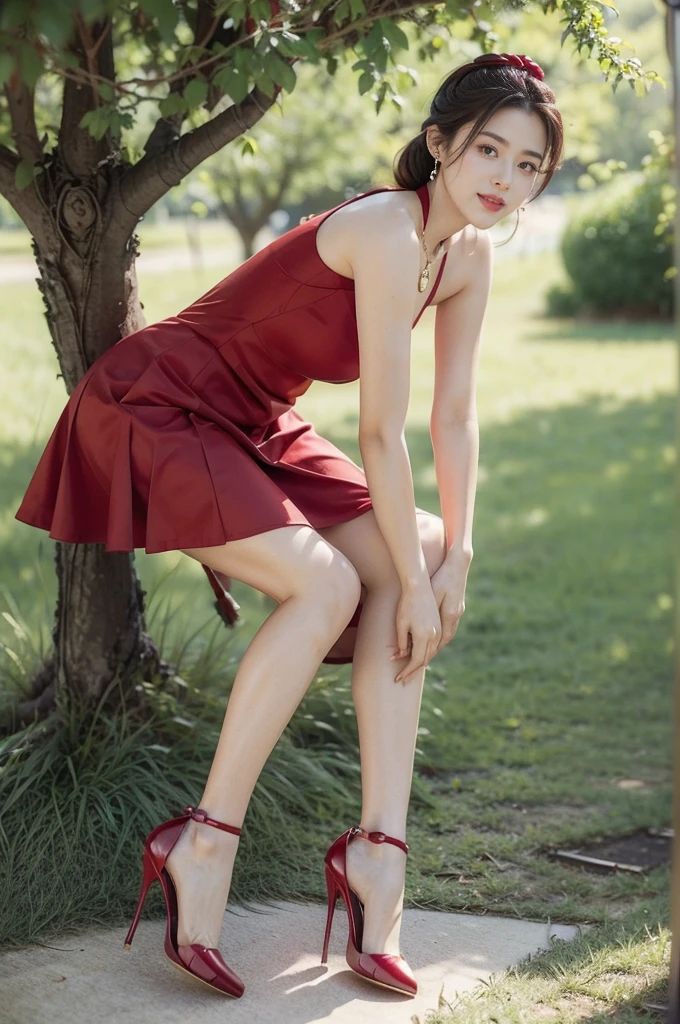 (((best quality))),(((ultra detailed))),(((masterpiece))),illustration,1 beautiful girl,solo,earrings,necklace,medium straight hair,slim,flat chest,red dress,summer,(cherry orchard full of red cherries:1.3),sunlight,dappled light,fair skin,smile,(ripest cherries on the trees:1.3),red lips,peaceful,summer breeze,hair fluttering,setting sun,radiant hue,beauty grace,basket,full body,slender legs,pantyhose,high heels,arms behind back