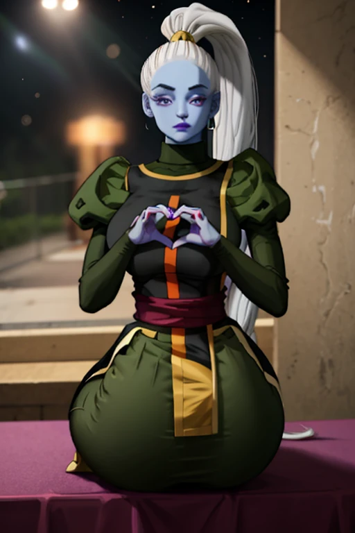 Dress_DragonBallSuper_Vados_ownwaifu, 
1girl, galaxy space,blue skin, white hair, hair pulled back, high ponytail, purple eyes, colored skin, alien, long hair, very long hair, lipstick, makeup, purple lips, breasts, large breasts, large ass,eyelashes,  jewelry, purple nails,
puffy sleeves, long sleeves, dress, juliet sleeves, sash, green skirt,  puffy long sleeves, turtleneck,
((masterpiece)),((best quality)),(highres, absurdres), original, bokeh, depth_of_field, scenery, spotlight, focused, looking at viewer, solo, cowboy shot,,sits,own hands together,heart hands