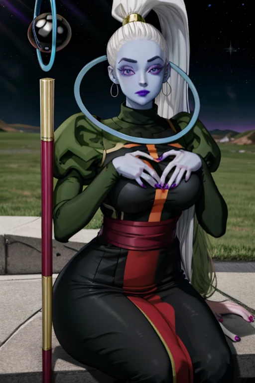 Dress_DragonBallSuper_Vados_ownwaifu, 
1girl, galaxy space,blue skin, white hair, hair pulled back, high ponytail, purple eyes, colored skin, alien, long hair, very long hair, lipstick, makeup, purple lips, breasts, large breasts, large ass,eyelashes,  jewelry, purple nails,
puffy sleeves, long sleeves, dress, juliet sleeves, sash, green skirt,  puffy long sleeves, turtleneck,
((masterpiece)),((best quality)),(highres, absurdres), original, bokeh, depth_of_field, scenery, spotlight, focused, looking at viewer, solo, cowboy shot,,sits,own hands together,heart hands