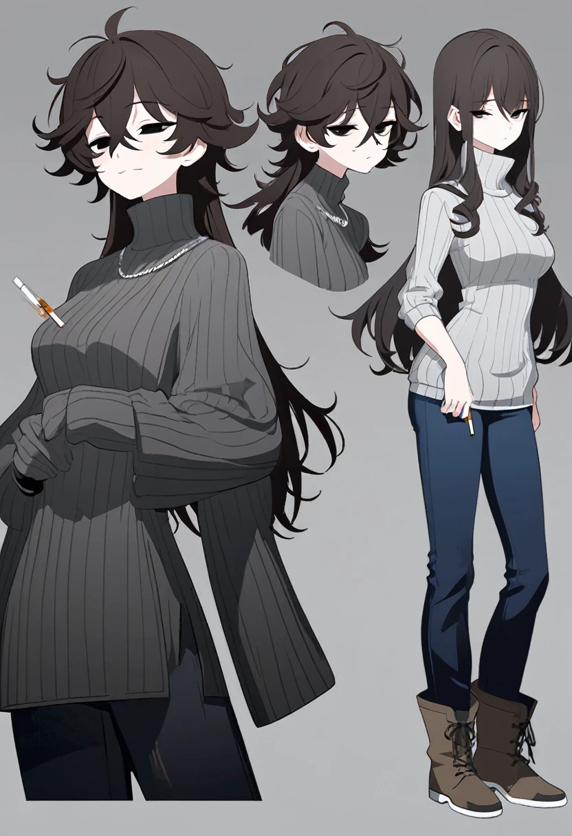 One Woman,Downer,older sister,Concept Art,Dark brown hair,Straight hair with slight inward curls,Staring eyes,Eye Ridge,black eye,Crossed bangs,whole body,smile,Slightly larger breasts,Gray background,Bangs that reach down to the eyes,Messy hair,Tight dark jeans,Gray turtleneck sweater,Multiple views of the same character,Character Design,Dark circles under the eyes,Bad look,Listless,Sloppy,Silver Jewelry,Cafe staff,Holding a cigarette,whole bodyCharacter Design,Detailed hands,Height: 170cm,boots,fleshy,