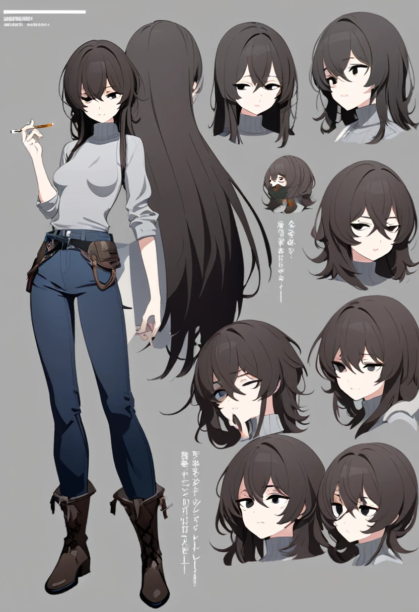 One Woman,Downer,older sister,Concept Art,Dark brown hair,Straight hair with slight inward curls,Staring eyes,Eye Ridge,black eye,Crossed bangs,whole body,smile,Slightly larger breasts,Gray background,Bangs that reach down to the eyes,Messy hair,Tight dark jeans,Gray turtleneck sweater,Multiple views of the same character,Character Design,Dark circles under the eyes,Bad look,Listless,Sloppy,Silver Jewelry,Cafe staff,Holding a cigarette,whole bodyCharacter Design,Detailed hands,Height: 170cm,boots,fleshy,