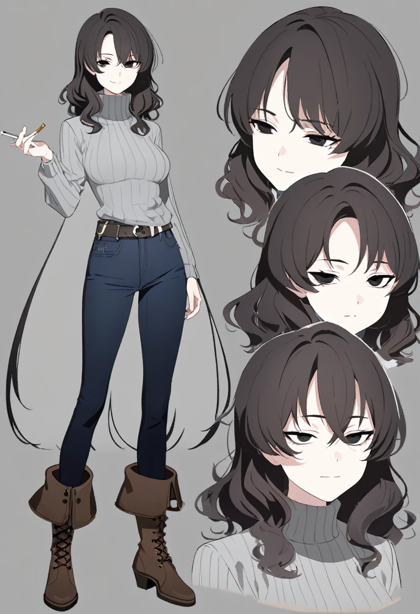 One Woman,Downer,older sister,Concept Art,Dark brown hair,Straight hair with slight inward curls,Staring eyes,Eye Ridge,black eye,Crossed bangs,whole body,smile,Slightly larger breasts,Gray background,Bangs that reach down to the eyes,Messy hair,Tight dark jeans,Gray turtleneck sweater,Multiple views of the same character,Character Design,Dark circles under the eyes,Bad look,Listless,Sloppy,Silver Jewelry,Cafe staff,Holding a cigarette,whole bodyCharacter Design,Detailed hands,Height: 170cm,boots,fleshy,