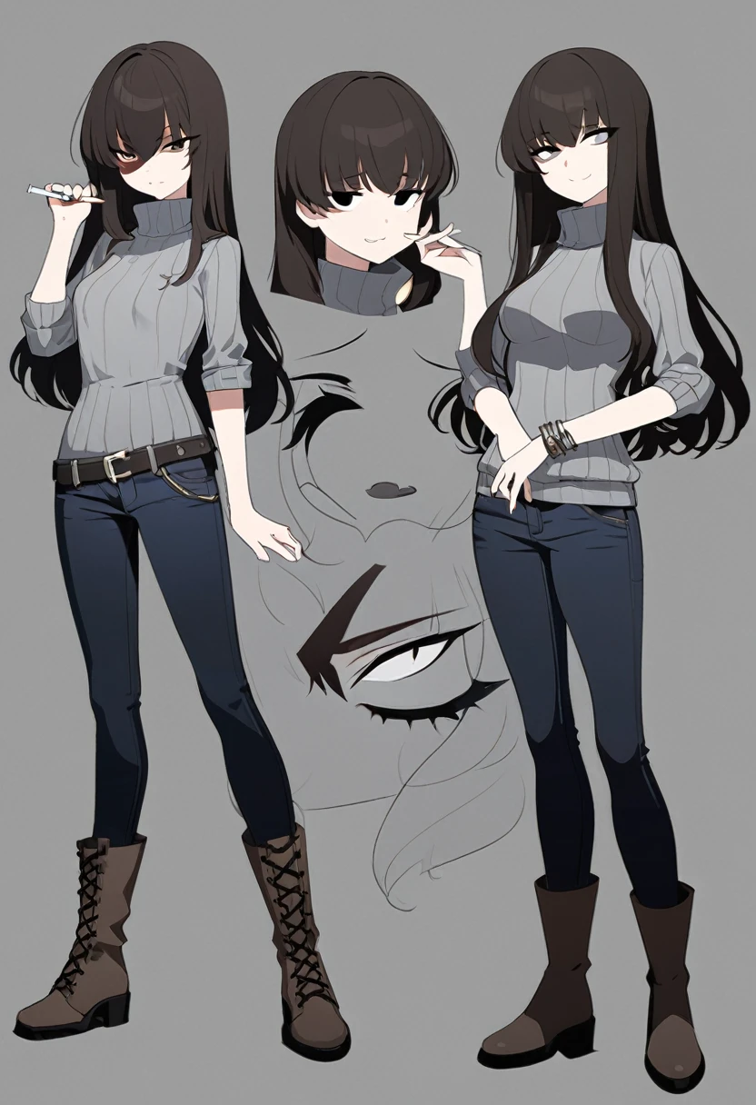 One Woman,Downer,older sister,Concept Art,Dark brown hair,Straight hair with slight inward curls,Staring eyes,Eye Ridge,black eye,Crossed bangs,whole body,smile,Slightly larger breasts,Gray background,Bangs that reach down to the eyes,Messy hair,Tight dark jeans,Gray turtleneck sweater,Multiple views of the same character,Character Design,Dark circles under the eyes,Bad look,Listless,Sloppy,Silver Jewelry,Cafe staff,Holding a cigarette,whole bodyCharacter Design,Detailed hands,Height: 170cm,boots,fleshy,