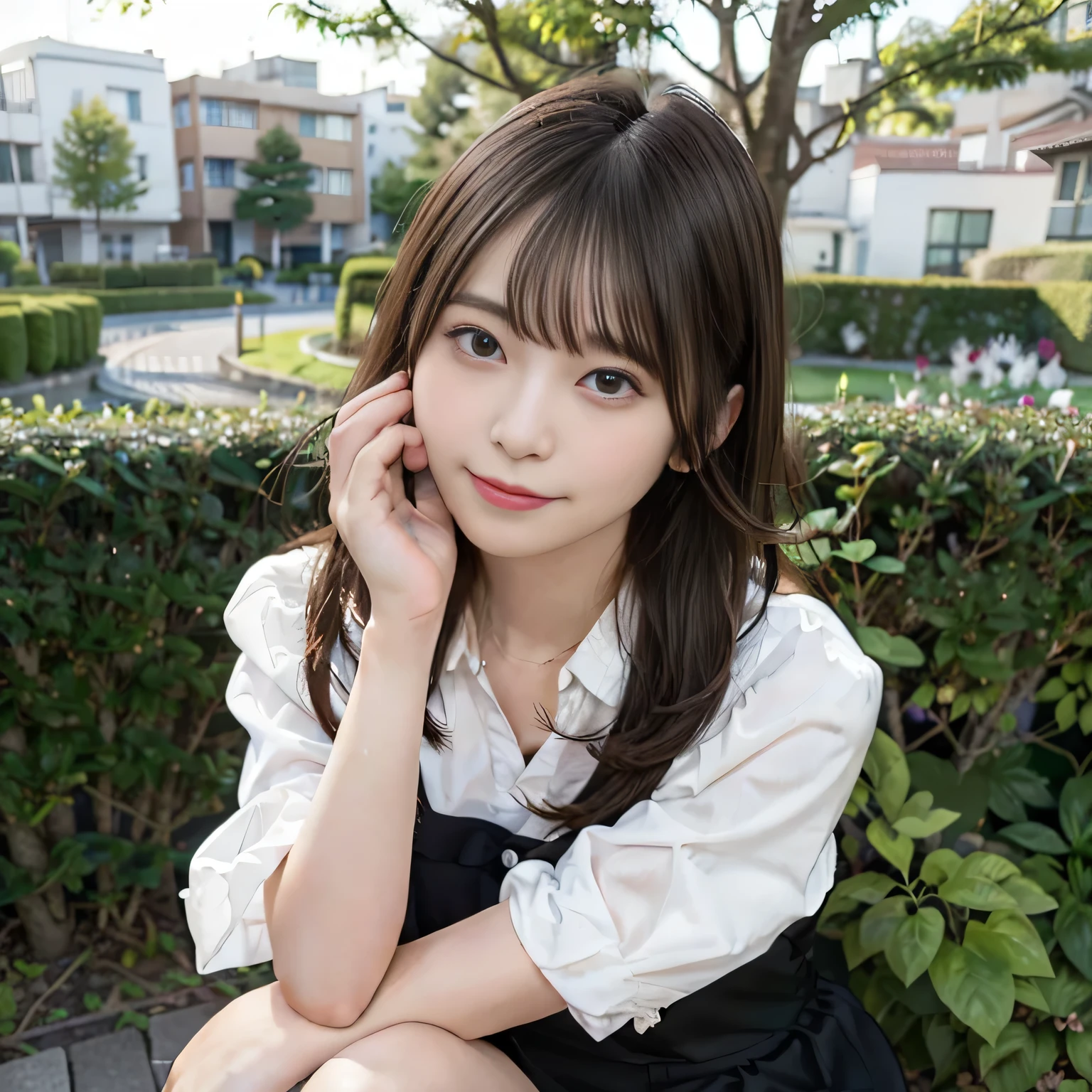 In 8K,Highest quality:1.4, Ultra-high resolution:1.5, (Realistic:1.4),masterpiece:1.2,(Highest quality:1.4)、 RAW Photos、 (From the knee up:1.6, From the side:0.7), (The background is blurred), garden,Full Body Shot:1.4、 1 Japanese girl, cute, (alone), (A shy smile), Smooth Skin、 (Brown medium hair,bangs), (Touching your hair:1.4)、Nogizaka、cute、Flexible fingertips,Beautiful dark eyes、Natural skin texture:1.3, Realistic eye and facial details:1.7、Mid-breasted、Buckshot:1.2、The Sunset Sun、Sculpture Pose:1.1、Tight ass:1.5、Staring at the audience