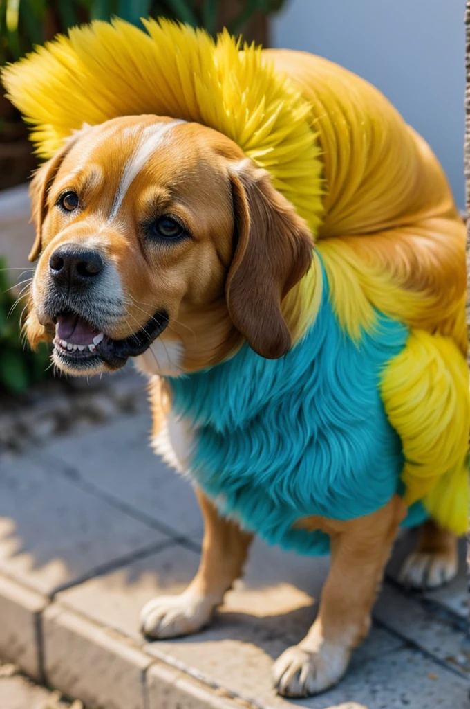 Un perro cocker y dos Agapornis celeste y amarillo 
