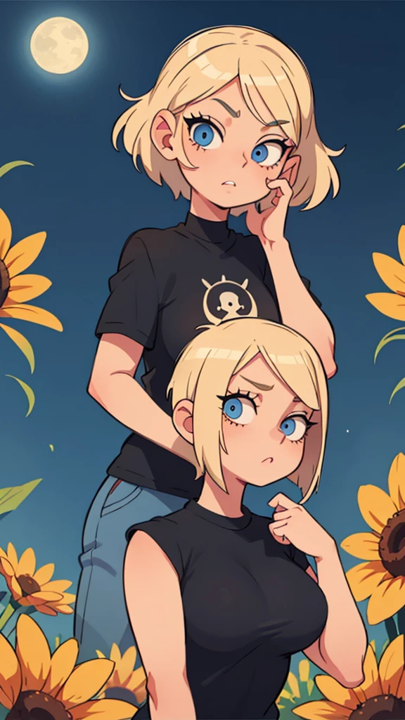 Blonde girl short hair Blue eyes in a black T-shirt Gorgeous eyelashes 