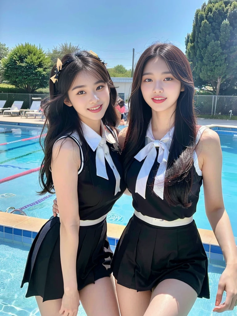 (Two super cute Korean high school girls take a photo together 1.2)(To laugh out loud:1.2)(Beautiful Sweat:1.1)(16k, RAW Photos, Highest quality, masterpiece: 1.2),(Mr.々Beautiful blonde with a stylish hairstyle:1.2) Super detailed, Super Resolution, (Genuine, Genuine photos: 1.37), Portraiture, High-resolution RAW color photos, Professional photos, Very detailed, 8k wallpaper, Very detailed CG Unity 8k wallpaper, Very detailed beautiful girls, Very detailed faces, ((whole body)), beautiful woman, Huge breasts,(huge boobs:1.1) (Big Boobs:1.1), Beauty college student (A tight, girly sleeveless  with ribbons),high school girl, Korean Girls,(K-POP Female Idols), (Idol-class beauty)(Beautiful high school girl:1.1)(School swimming pool)(18-year-old)(Stylish school uniform-style outfit for summer:1.1)(Group photo:1.2)(Splash:1.1)