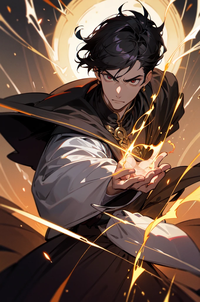 masterpiece, best quality, 1 male, young, tall muscular, handsome, finely detailed eyes, intricate details, black hair, short hair, evil face, solo, upper body, detailed dark shadow background, detailed face, good sorcerer, color magical robes, determined expression, white color scheme, dark crimson light, glowing magical runes, realistic lighting, floating particles, sparks, surrounded by gold lightning red arcane symbols, corrupted by eldritch power, bloom, glasses