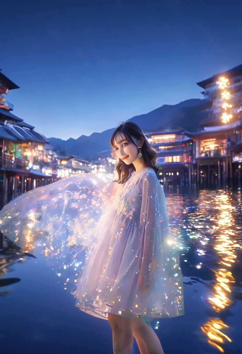 photoRealstic、((Super multiple exposure effect where the background can be seen through the clothes))、girl with、A smile、Lakeside in the background、Wonderful、towards the night view, If you leave the shutter open for a long time、create a line of light.