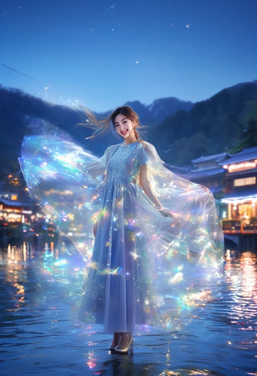 photoRealstic、((Super multiple exposure effect where the background can be seen through the clothes))、girl with、A smile、Lakeside in the background、Wonderful、towards the night view, If you leave the shutter open for a long time、create a line of light.
