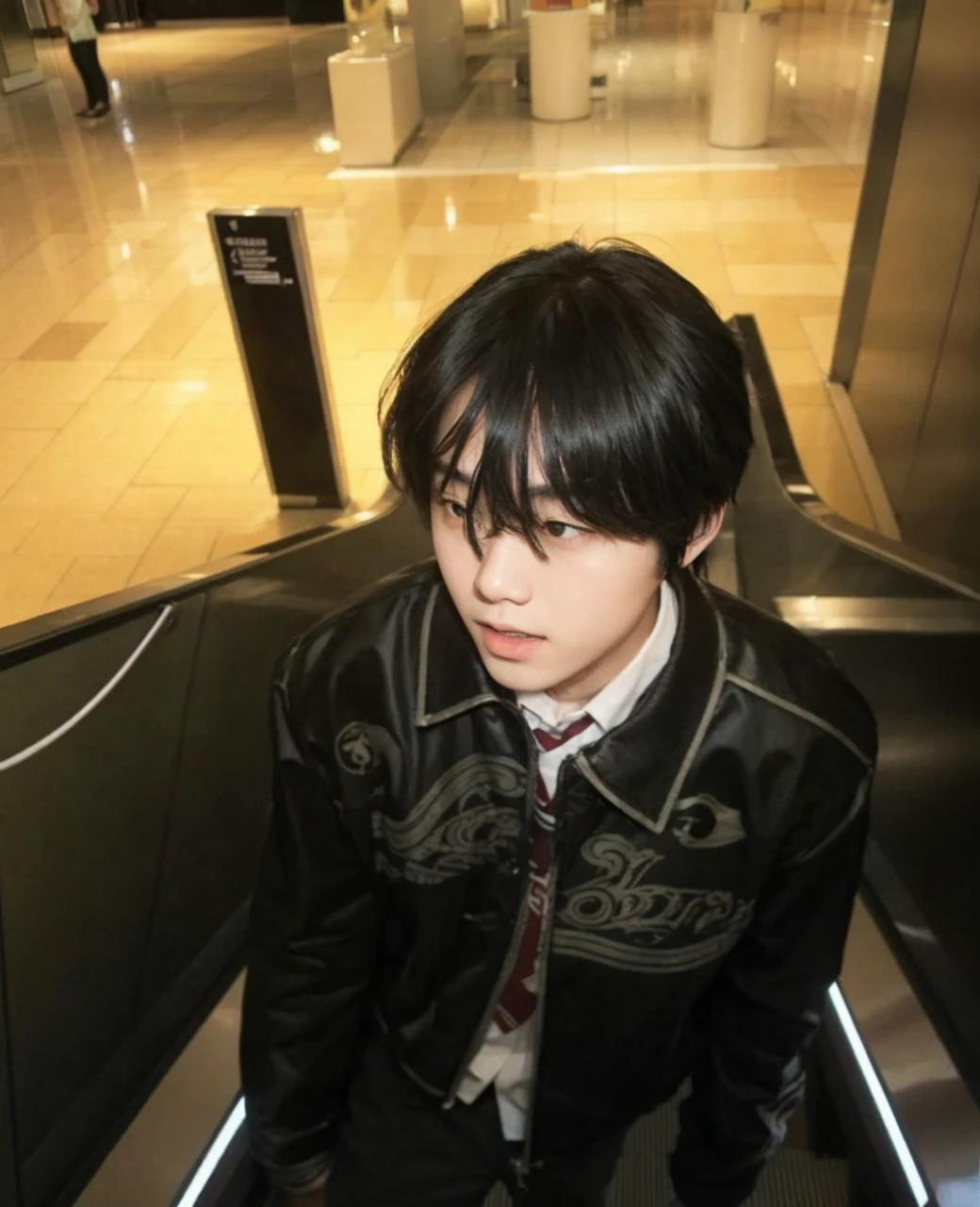 An Asian boy in the mall elevator