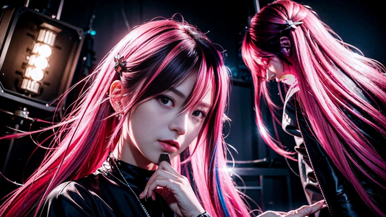 Pink Hair,Long Hair,Single Side Lock Hairpin Brush Modern Cinema Lighting,Ray Tracing,Drop Shadow Wide Shot UHD,Textured skin,Attention to detail,Top quality 4k
