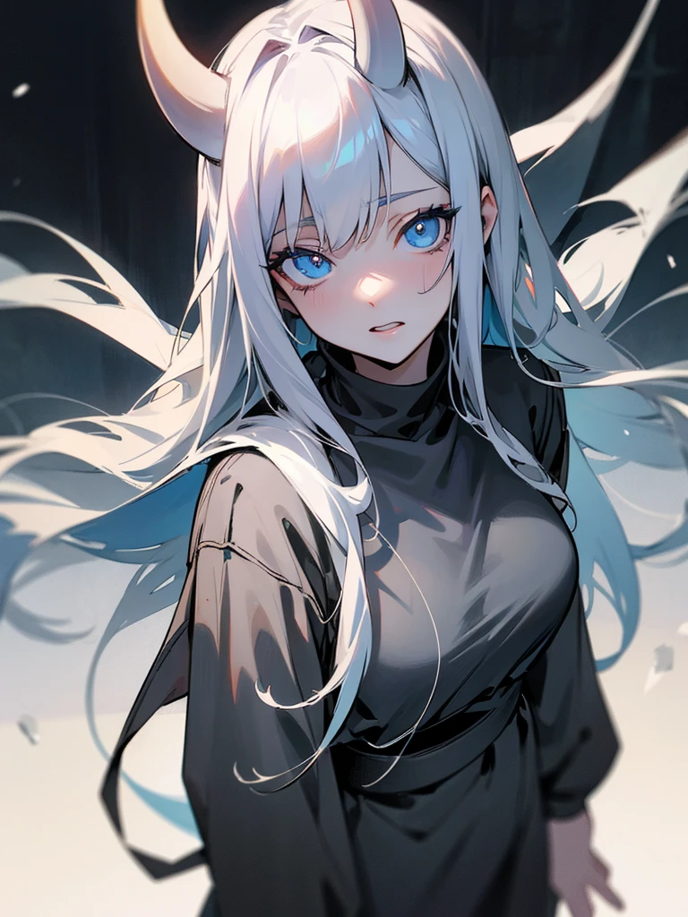 Oil painting: Anime character: against the backdrop of an abandoned construction site at night, full length.

opens his mouth very wide, looks up in despair, her face is covered with wounds. pale, cruel, narcissistic girl with a vile character, Blue eyes, long gray horns, gray sweater. a mouth from which many hands and faces come out. из рта вылезают бледные руки на которых находятся Blue eyes.

 Realistic detailed style high detail, Drawing. watercolor, colored pencils, circled with black pen.