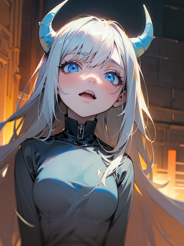 Oil painting: Anime character: against the backdrop of an abandoned construction site at night, full length.
opens his mouth very wide, looks up in despair, her face is covered with wounds. pale, cruel, narcissistic girl with a vile character, Blue eyes, long gray horns, gray sweater. a mouth from which many hands and faces come out. из рта вылезают бледные руки на которых находятся Blue eyes.
Realistic detailed style high detail, Drawing. watercolor, colored pencils, circled with black pen.